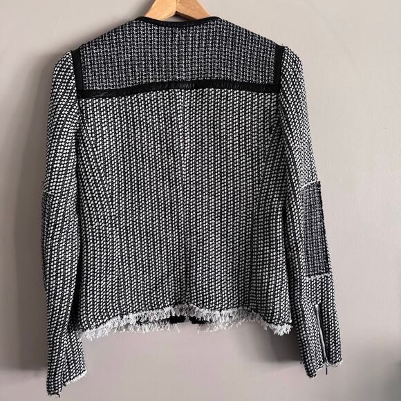 Rebecca Taylor Black and White Tweed Lamb Leather Trim Zip Jacket Blazer 4 - Picture 10 of 11
